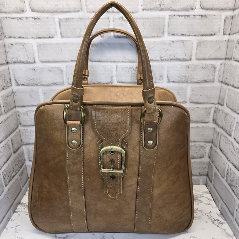 Vtg 1960's Leather Carry On Travel Bag Club Tote Brass Hardware Talon Zipper MCM